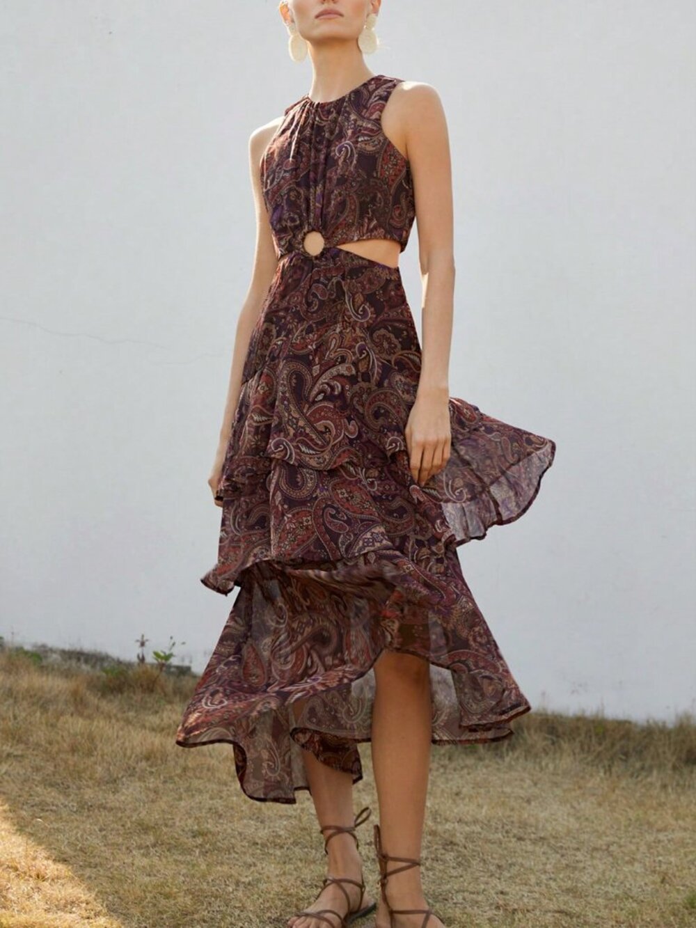 SHEIN Belrosie Layered Cut Out Floral Dress in Brown Paisley